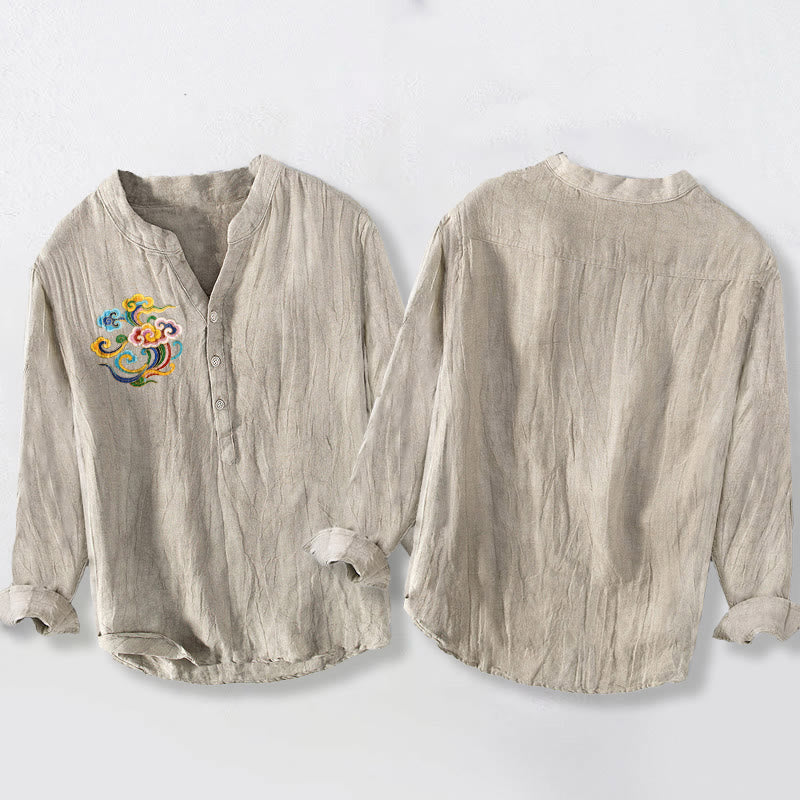 Buddha Stones Colorful Auspicious Clouds Pattern Half Buttons Men's Cotton Linen Long Sleeve Shirt - image 2