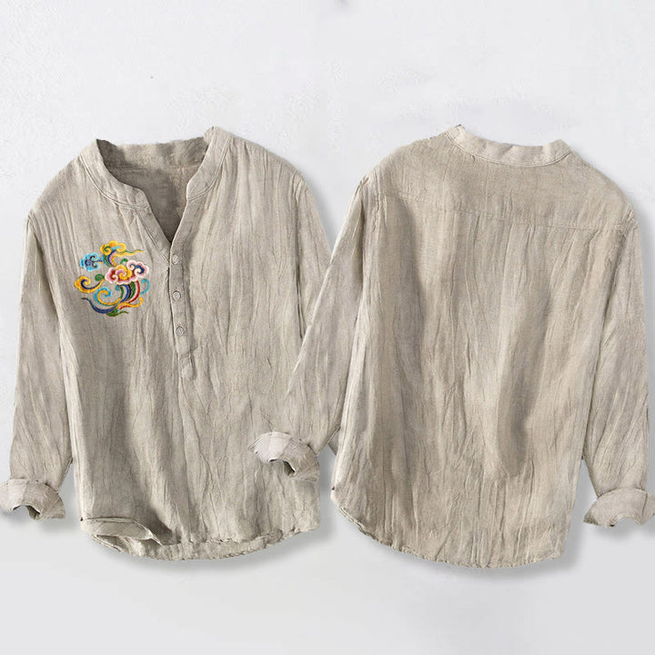 Buddha Stones Colorful Auspicious Clouds Pattern Half Buttons Men's Cotton Linen Long Sleeve Shirt - image 2