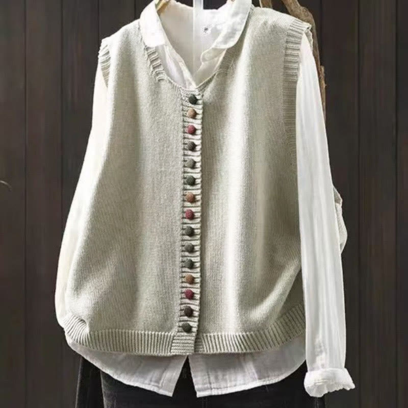 Buddha Stones Colorful Buttons Women's Sleeveless Cotton Knitted Vest Waistcoat - Seashell - US4-6，UK/AU8-10，EU36-38 (F) - image 0