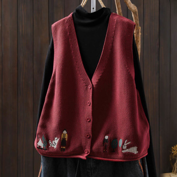 Buddha Stones Figure Rabbit Tree Embroidery Buttons Women's Sleeveless Cotton Knitted Vest Waistcoat - Red - US4-6，UK/AU8-10，EU36-38 (F) - image 12