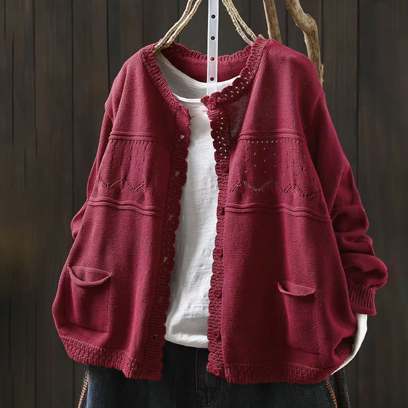 Buddha Stones Fall Lace Buttons Cotton Women's Long Sleeve Knitted Cardigan Sweater With Pockets - IndianRed - US4-6，UK/AU8-10，EU36-38 (F) - image 0