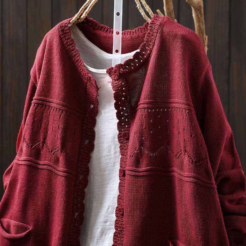 Buddha Stones Fall Lace Buttons Cotton Women's Long Sleeve Knitted Cardigan Sweater With Pockets - image 3