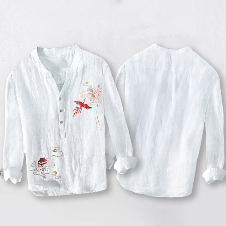 Buddha Stones Phoenix Pavilions Clouds Pattern Half Buttons Men's Cotton Linen Long Sleeve Shirt - image 8