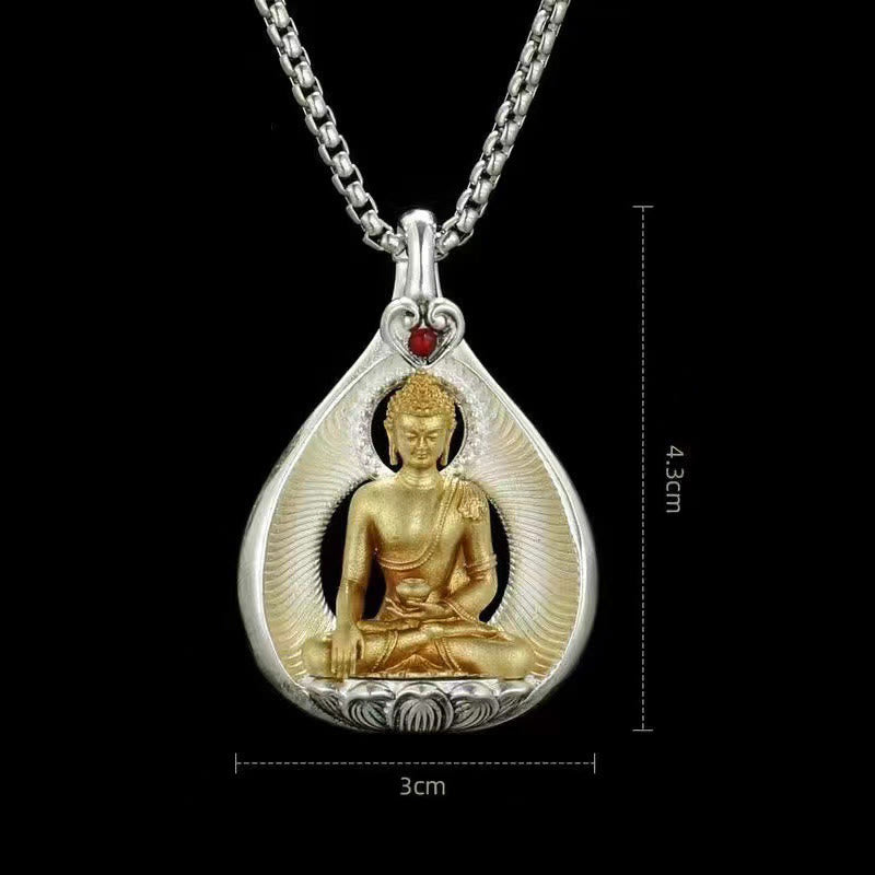 Buddha Stones Green Tara Shakyamuni Buddha Copper Plated Silver Curb Chain Luck Pendant Necklace - Shakyamuni Buddha - image 0