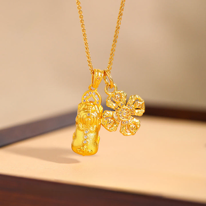 Buddha Stones 24k Gold Plated Brass Pixiu Cross Dorje Vajra Wealth Chain Pendant Necklace - image 0