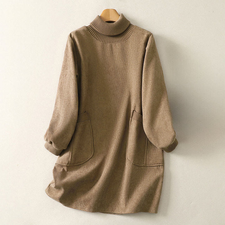 Buddha Stones Winter High Neck Warm Cotton Women's Long Sleeve Midi Dress With Pockets - BurlyWood - US14，UK/AU18，EU46 (2XL) - image 1