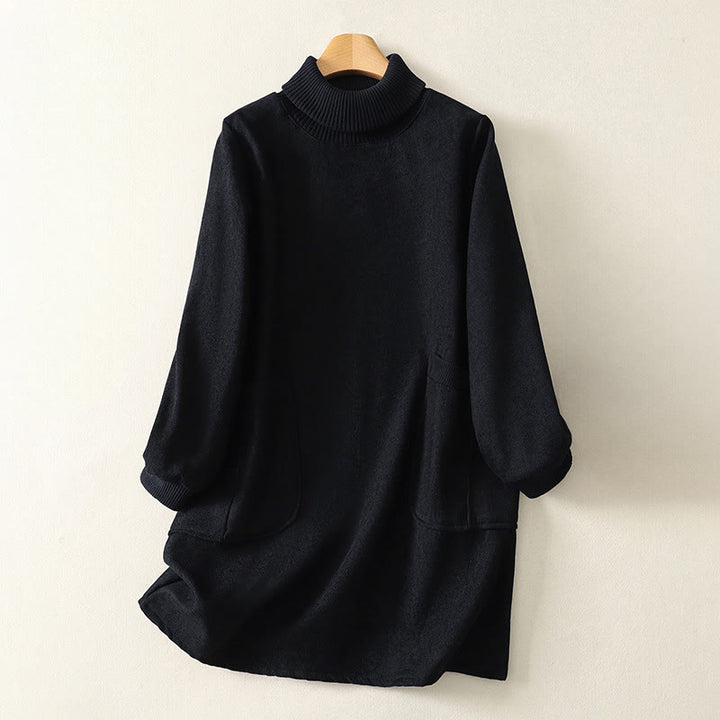 Buddha Stones Winter High Neck Warm Cotton Women's Long Sleeve Midi Dress With Pockets - Black - US14，UK/AU18，EU46 (2XL) - image 21