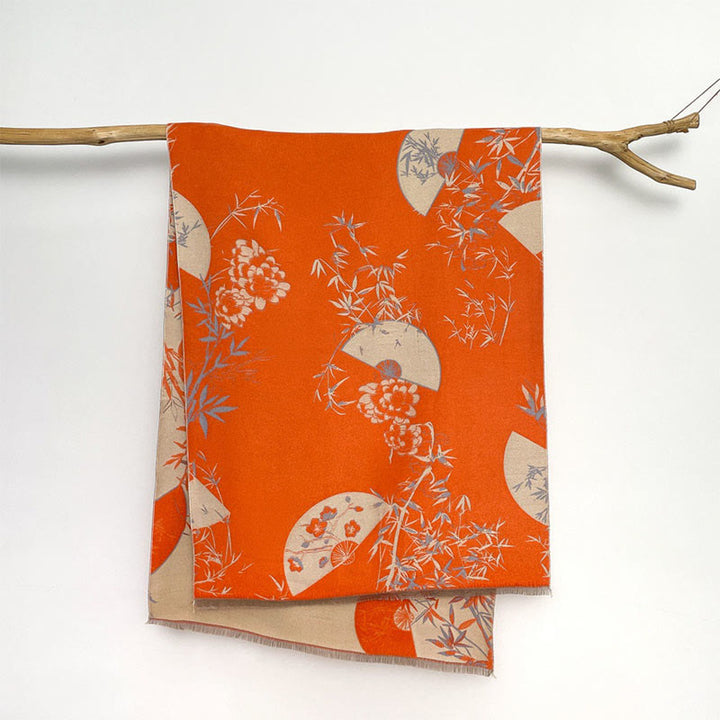 Buddha Stones Winter Fan Bamboo Peony Flowers Pattern Cozy Scarf Shawl - Coral - 180*65cm - image 8
