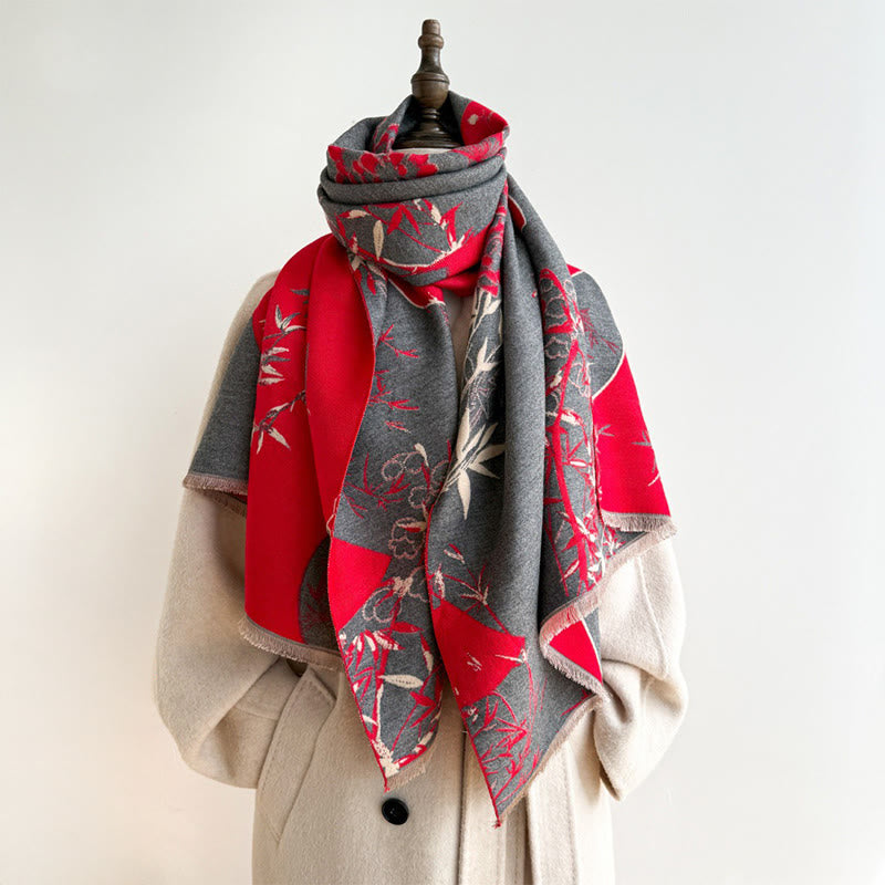 Buddha Stones Winter Fan Bamboo Peony Flowers Pattern Cozy Scarf Shawl - image 6