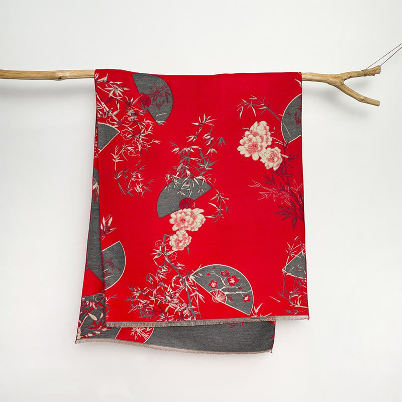 Buddha Stones Winter Fan Bamboo Peony Flowers Pattern Cozy Scarf Shawl - Red - 180*65cm - image 4