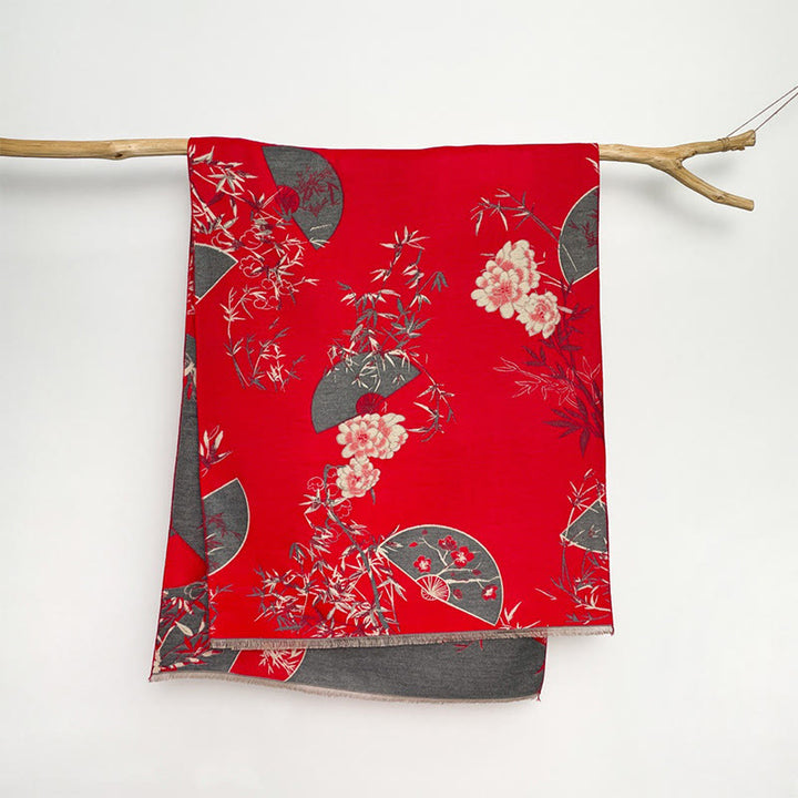 Buddha Stones Winter Fan Bamboo Peony Flowers Pattern Cozy Scarf Shawl - Red - 180*65cm - image 4