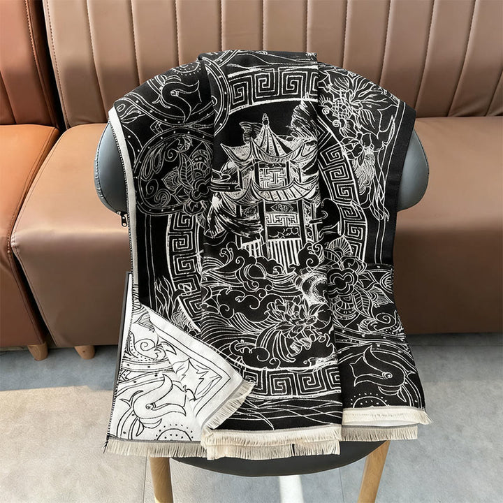 Buddha Stones Fall Pavilion Koi Fish Flowers Waves Pattern Cozy Scarf Shawl - image 6