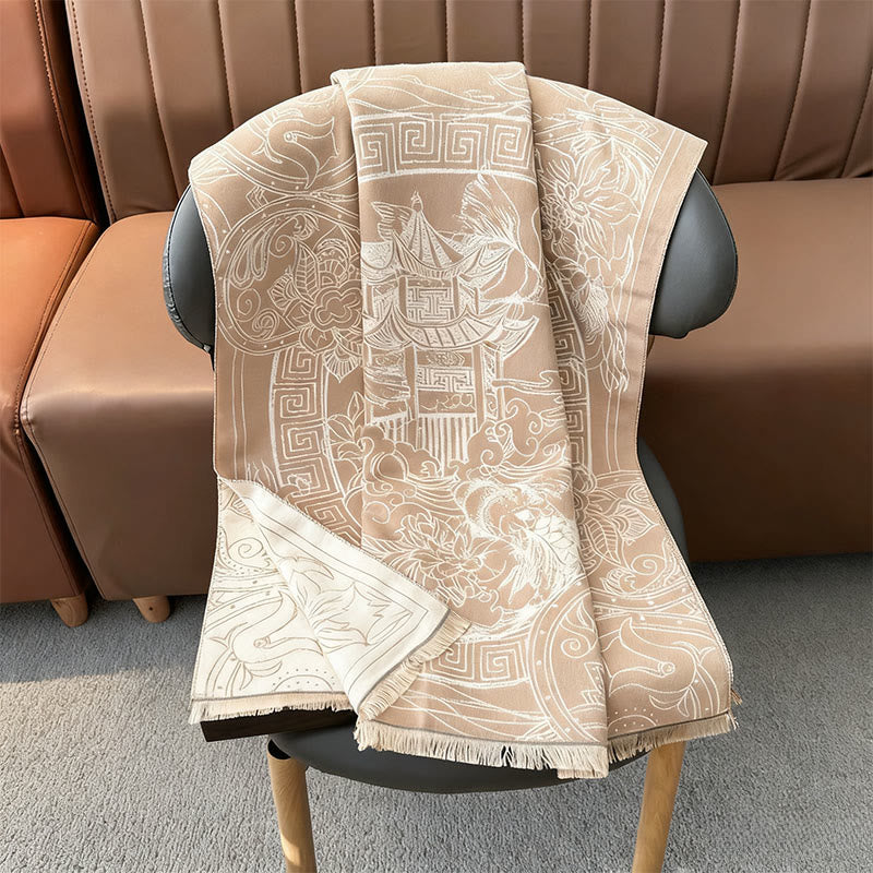 Buddha Stones Fall Pavilion Koi Fish Flowers Waves Pattern Cozy Scarf Shawl - image 15