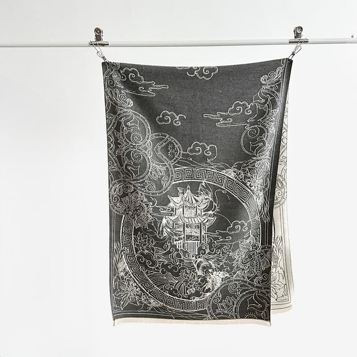 Buddha Stones Fall Pavilion Koi Fish Flowers Waves Pattern Cozy Scarf Shawl - image 3