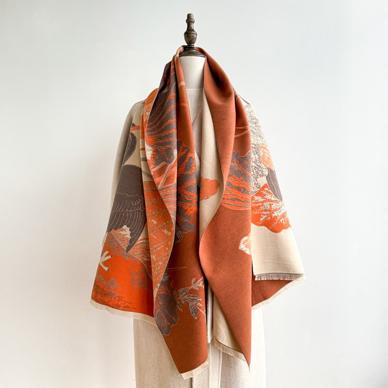 Buddha Stones Winter Stork Birds Lotus Flowers Leaves Pattern Soft Scarf Shawl - DarkOrange - 180*65cm - image 0