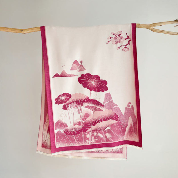 Buddha Stones Winter Mountain Lotus Flowers Leaves Pattern Soft Scarf Shawl - HotPink - 180*65cm - image 10