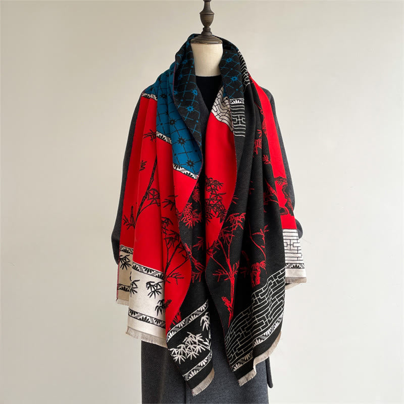 Buddha Stones Winter Bamboo Leaf Little Bird Pattern Cozy Scarf Shawl - Black - 185*65cm - image 6