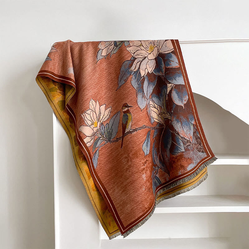Buddha Stones Winter White Magnolia Flowers Little Bird Pattern Warm Cozy Scarf Shawl - Coral - 185*65cm - image 8