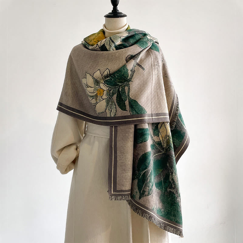 Buddha Stones Winter White Magnolia Flowers Little Bird Pattern Warm Cozy Scarf Shawl - DarkCyan - 185*65cm - image 0