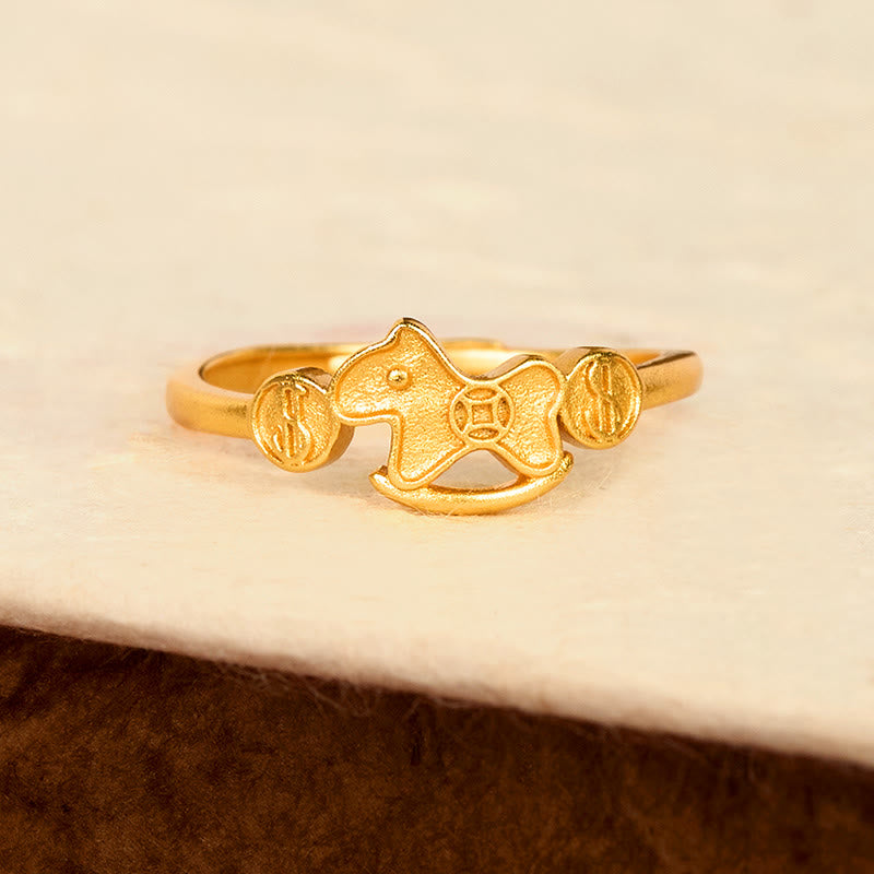 Buddha Stones Year Of The Horse 24k Gold Plated Brass Copper Coin Adjustable Ring - image 2