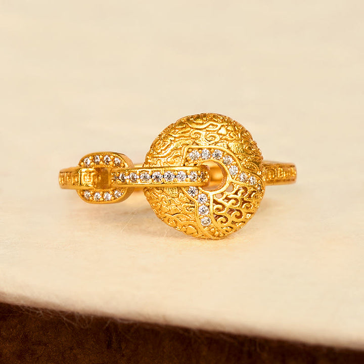 Buddha Stones 24k Gold Plated Brass Hollow Carved Design Peace Buckle Adjustable Fortune Ring - image 2