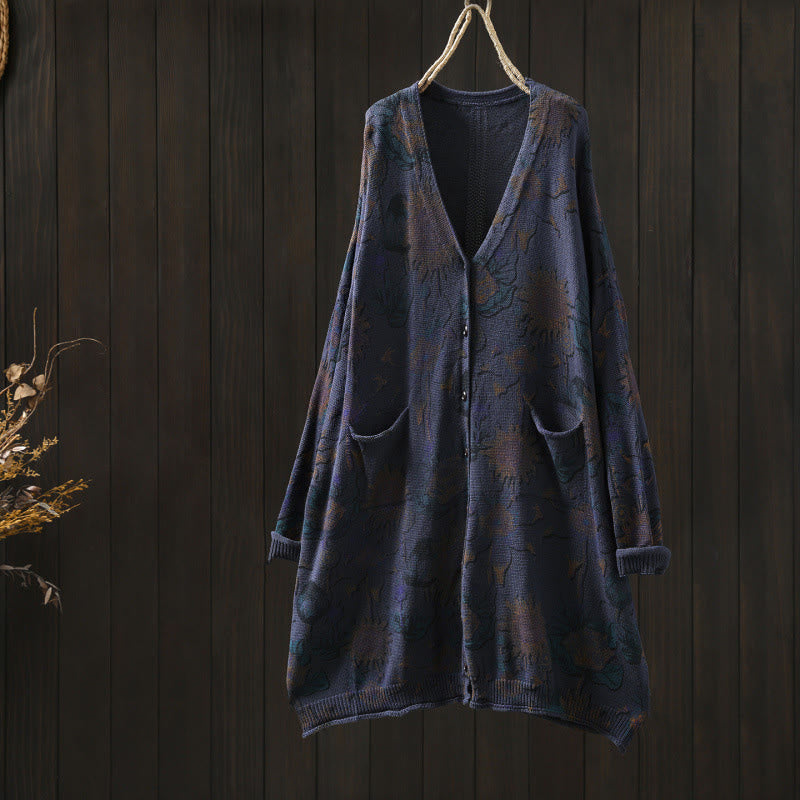 Buddha Stones Sunflower Mid-length Buttons Women's Long Sleeve Knitted Cardigan Sweater With Pockets - MidnightBlue - US4-8/10，UK/AU8-12/14，EU36-40/42 (F) - image 23