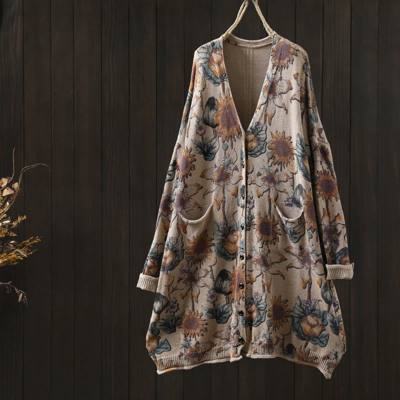 Buddha Stones Sunflower Mid-length Buttons Women's Long Sleeve Knitted Cardigan Sweater With Pockets - Beige - US4-8/10，UK/AU8-12/14，EU36-40/42 (F) - image 17