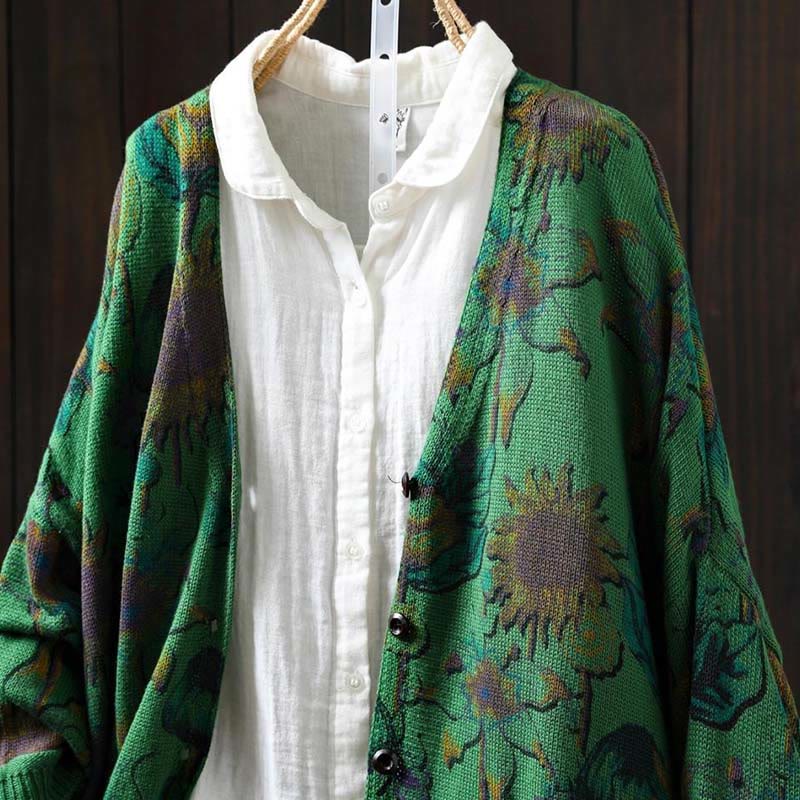 Buddha Stones Sunflower Mid-length Buttons Women's Long Sleeve Knitted Cardigan Sweater With Pockets - image 3