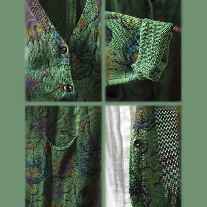 Buddha Stones Sunflower Mid-length Buttons Women's Long Sleeve Knitted Cardigan Sweater With Pockets - image 11