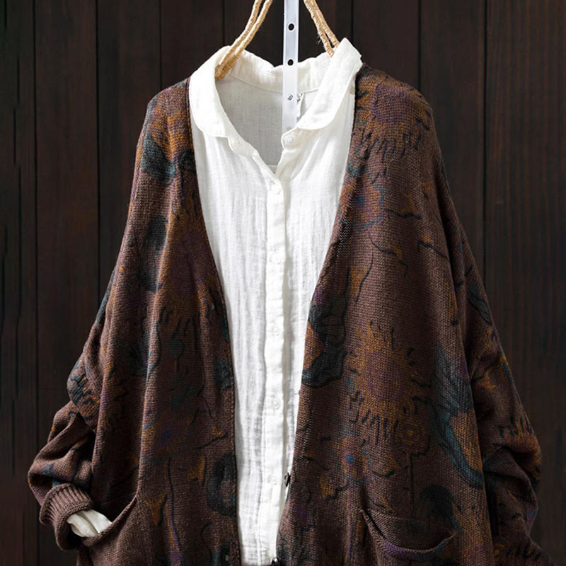 Buddha Stones Sunflower Mid-length Buttons Women's Long Sleeve Knitted Cardigan Sweater With Pockets - image 22