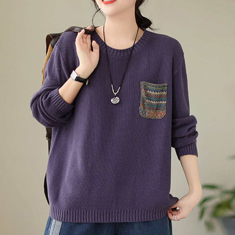 Buddha Stones Fall Floral Decorative Pocket Pattern Knitted Cotton Women's Long Sleeve Sweater - image 12