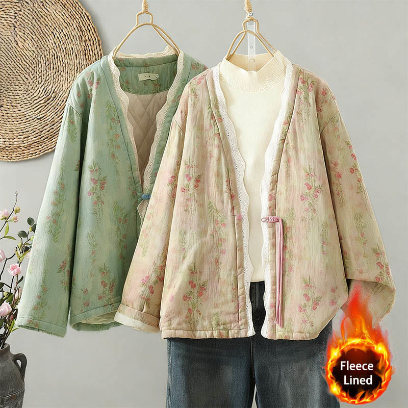 Buddha Stones Winter Lace Patchwork Long Sleeve Cotton Women's Thermal Jacket With Pockets - image 21