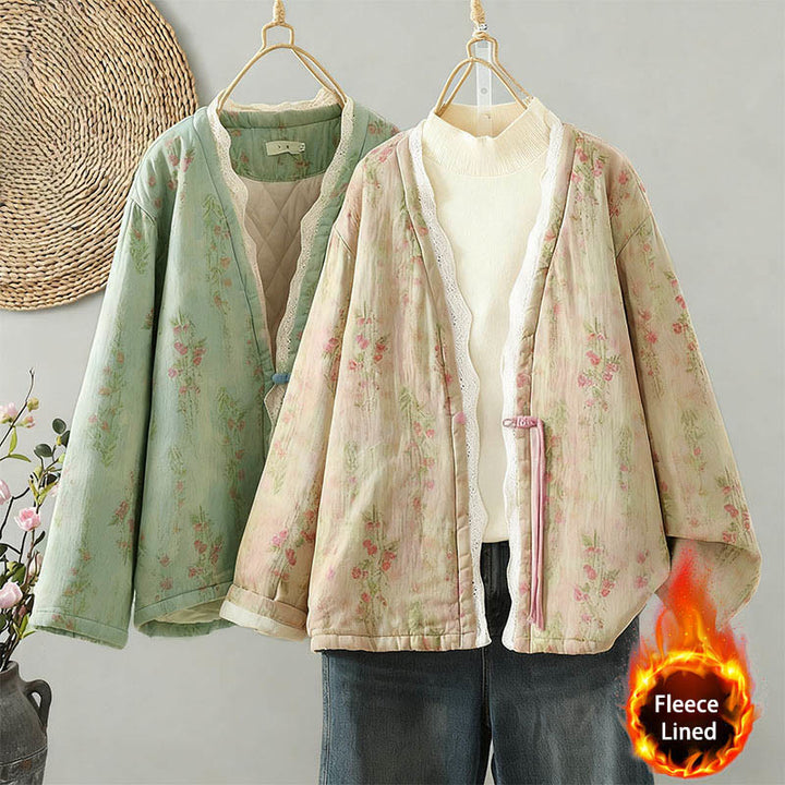 Buddha Stones Winter Lace Patchwork Long Sleeve Cotton Women's Thermal Jacket With Pockets - image 21