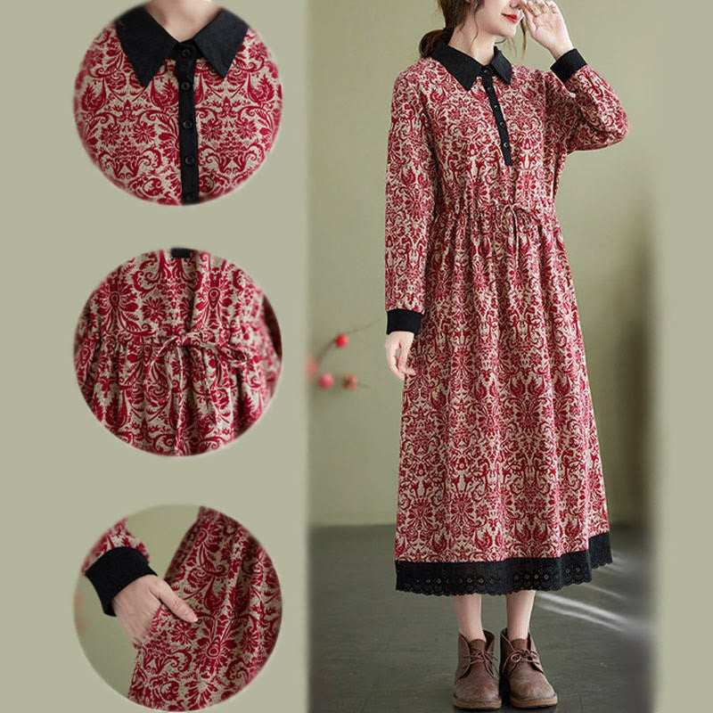 Buddha Stones Ethnic Printed Drawstring Long Sleeve Cotton Midi Dress With Pockets - image 10