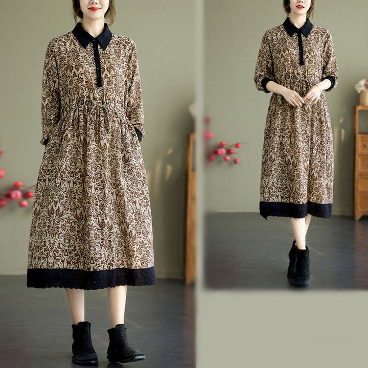 Buddha Stones Ethnic Printed Drawstring Long Sleeve Cotton Midi Dress With Pockets - image 23