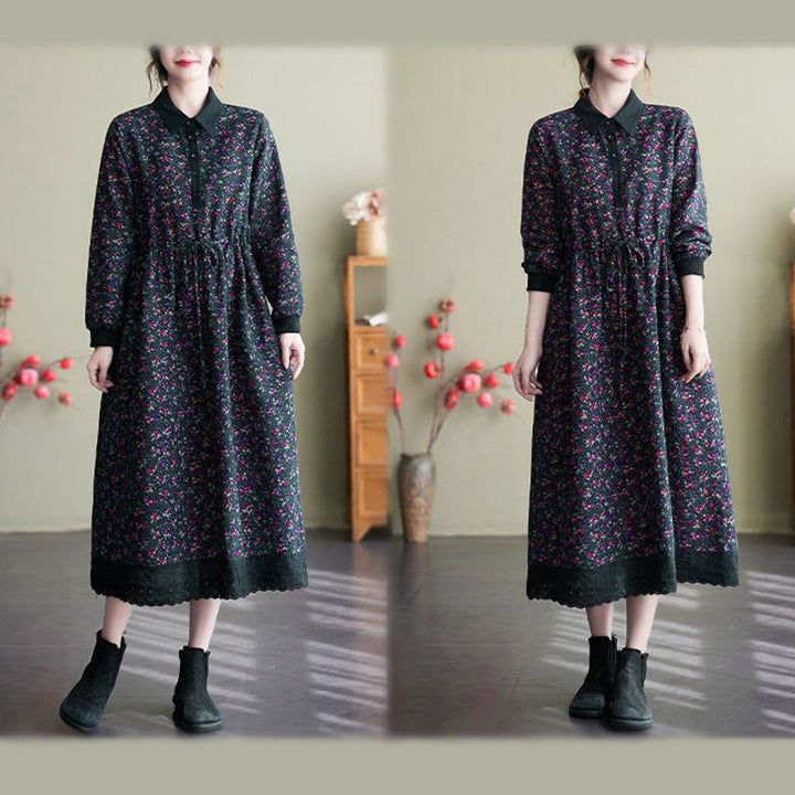 Buddha Stones Ethnic Printed Drawstring Long Sleeve Cotton Midi Dress With Pockets - image 28