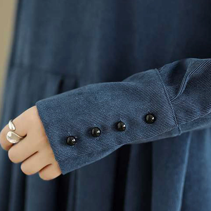 Buddha Stones Fall Plain DarkBlue Long Sleeve Corduroy Midi Dress With Pockets - image 10