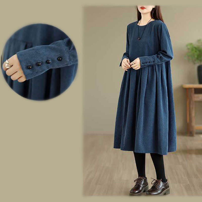 Buddha Stones Fall Plain DarkBlue Long Sleeve Corduroy Midi Dress With Pockets - image 13