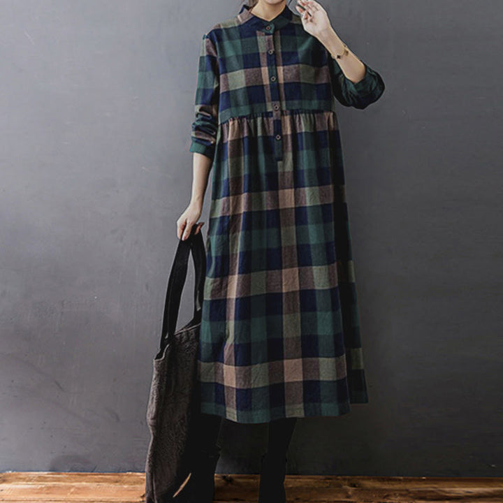 Buddha Stones Commute Patchwork Color Plaid Long Sleeve Midi Dress - image 2