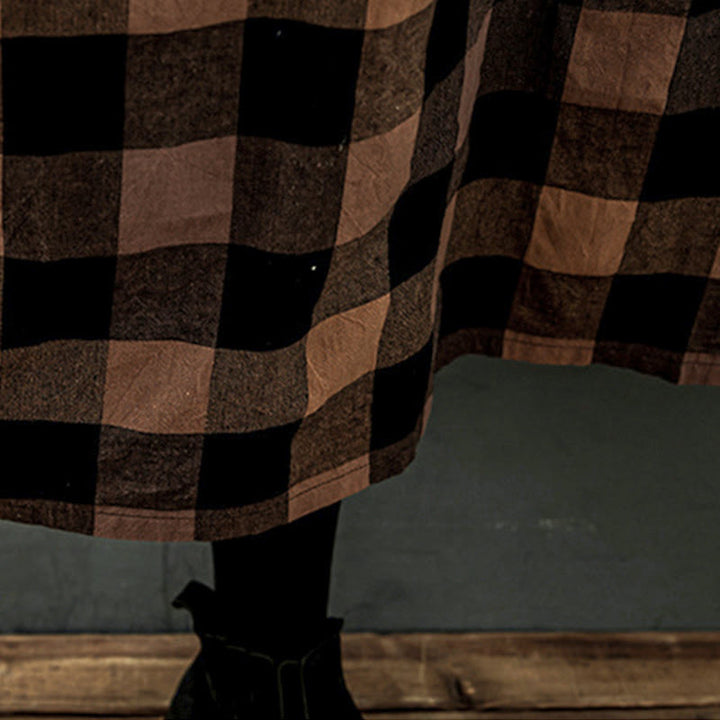 Buddha Stones Commute Patchwork Color Plaid Long Sleeve Cotton Midi Dress - image 12