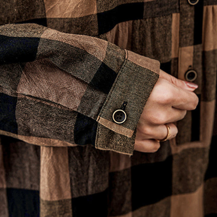 Buddha Stones Commute Patchwork Color Plaid Long Sleeve Midi Dress - image 11