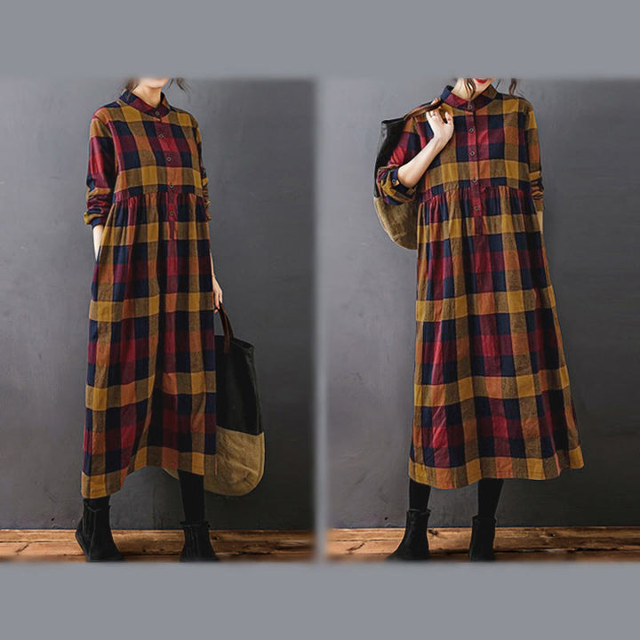 Buddha Stones Commute Patchwork Color Plaid Long Sleeve Cotton Midi Dress - image 19