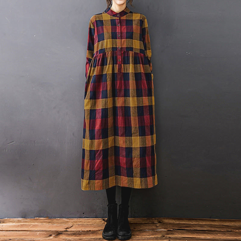 Buddha Stones Commute Patchwork Color Plaid Long Sleeve Midi Dress - Red Goldenrod Plaid - US8-10，UK/AU12-14，EU40-42 (2XL) - image 15