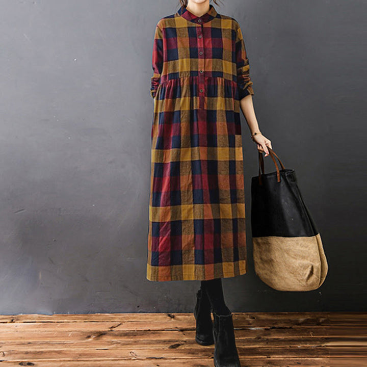 Buddha Stones Commute Patchwork Color Plaid Long Sleeve Midi Dress - image 17