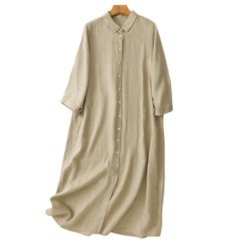 Buddha Stones Fall Commute Plain Buttons Design Long Sleeve Cotton Midi Dress With Pockets - image 17