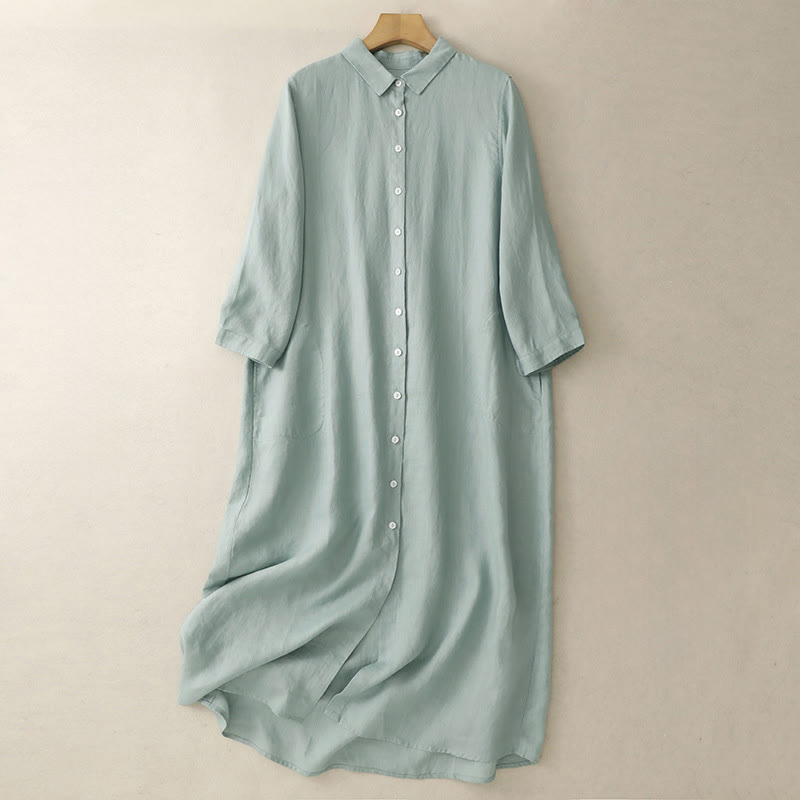 Buddha Stones Fall Commute Plain Buttons Design Long Sleeve Cotton Midi Dress With Pockets - MediumAquamarine - US8-10，UK/AU12-14，EU40-42 (2XL) - image 6