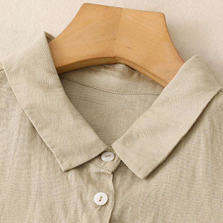 Buddha Stones Fall Commute Plain Buttons Design Long Sleeve Cotton Midi Dress With Pockets - image 11