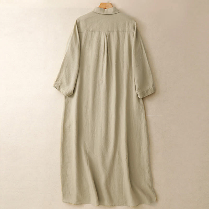 Buddha Stones Fall Commute Plain Buttons Design Long Sleeve Cotton Midi Dress With Pockets - image 10