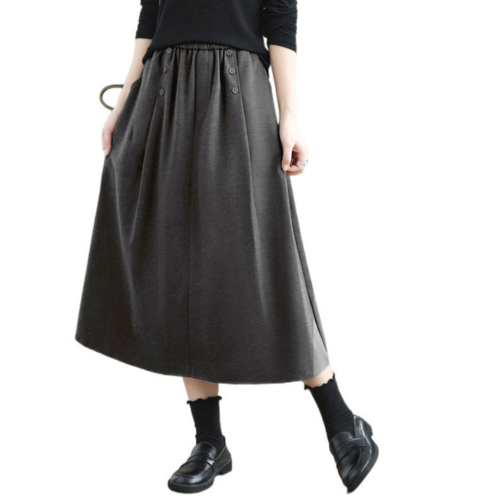 Buddha Stones Women's Winter Pure Color Cotton 7-8 Length Elastic Waistband Skirt With Pockets - image 18
