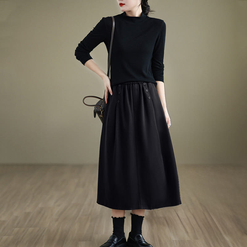 Buddha Stones Women's Winter Pure Color Cotton 7-8 Length Elastic Waistband Skirt With Pockets - image 14